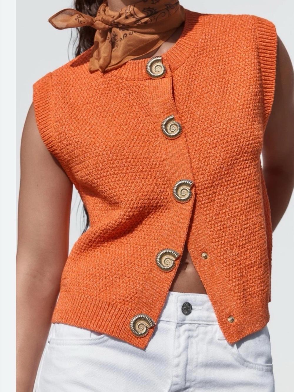 Women's Orange Sleeveless Knit Button Vest